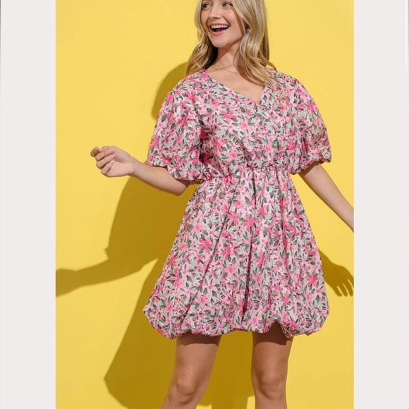 And The Why Floral Surplice Puff Sleeve Dress, Pink - Picture 1 of 13